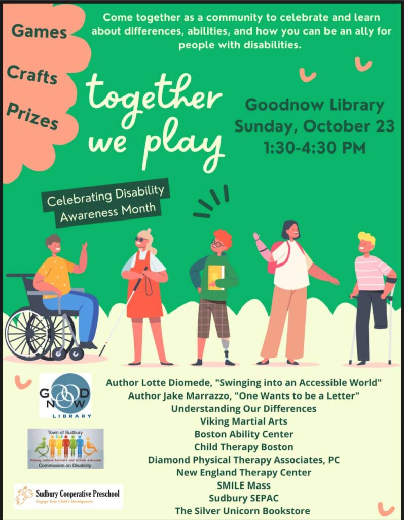 Together We Play flyer for Goodnow Library event in honor of Disability Awareness month
