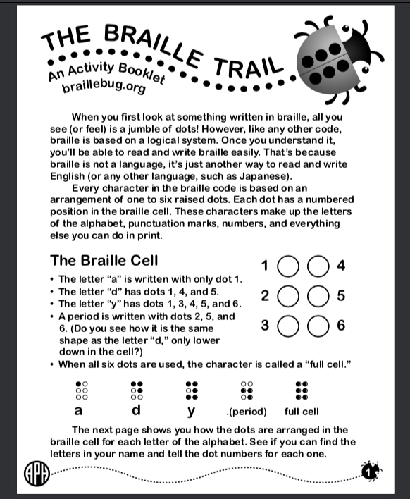The Braille Trail actvity sheet