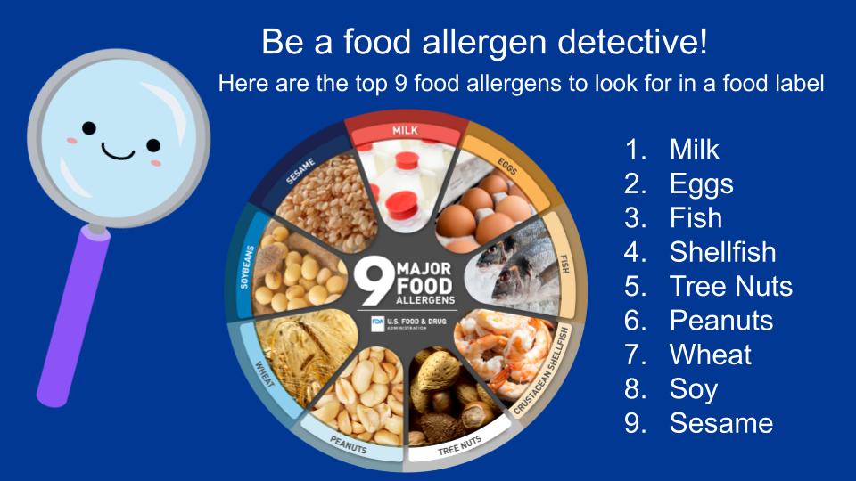 Slide image of a magnifying glass and a graphic of photos and labels of the 9 major food allergens. Text reads: Be a food allergen detective! Here are the top 9 food allergens to look for in a food label. 1. Milk 2. Eggs 3. Fish 4. Shellfish 5. Tree Nuts 6. Peanuts 7. Wheat 8 Soy 9. Sesame