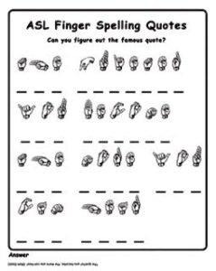 Image of a worksheet that shows ASL fingerspelling handshapes underneath blank spaces separated into words.