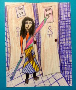 Kid drawing of a very hip blind girl reading the Braille label on the bathroom sign that says "girls"
