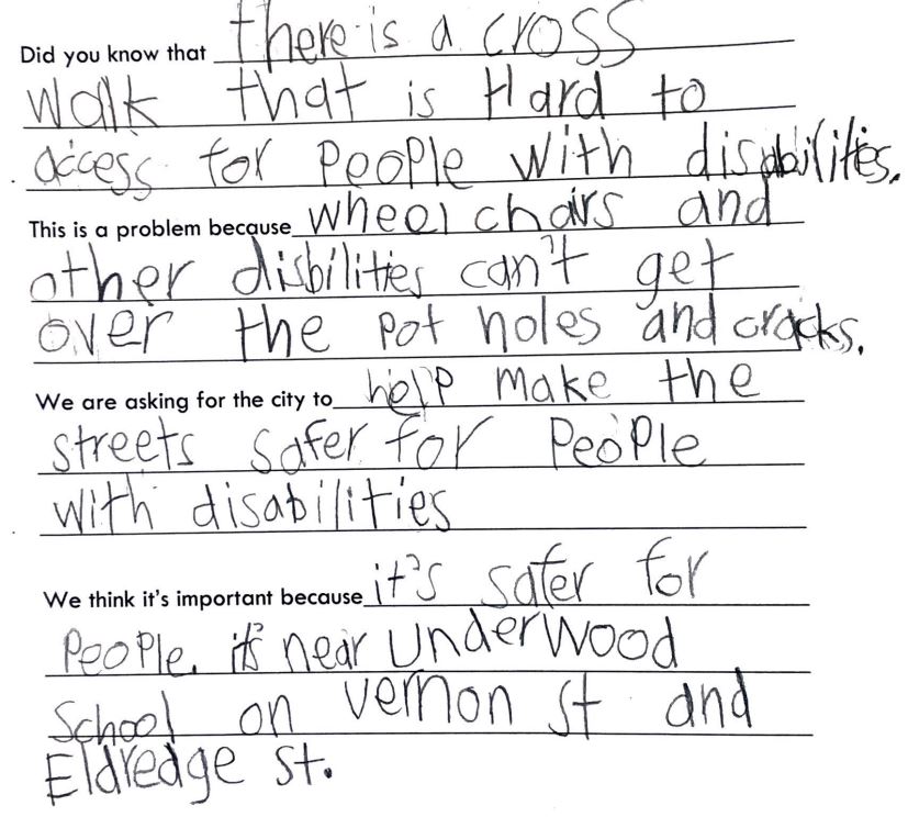 This image is a letter written by a student to a City Councilor asking for upgrades to the local crosswalk.