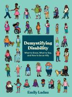 Cover is a graphic of many small people with varying disabilities across the whole cover on a background of blue-green