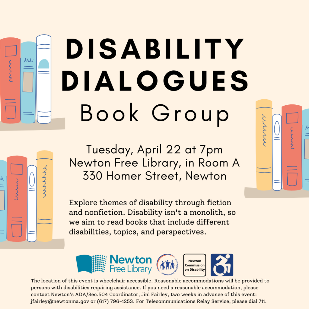 Graphic with peach-colored background and black title - Disability Dialogues Book Group basic meeting information and drawings of books