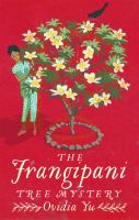 Book cover of The Frangipani Tree Mystery by Ovidia Yu shows a red background with a graphic of a frangipani tree and a person looking at it